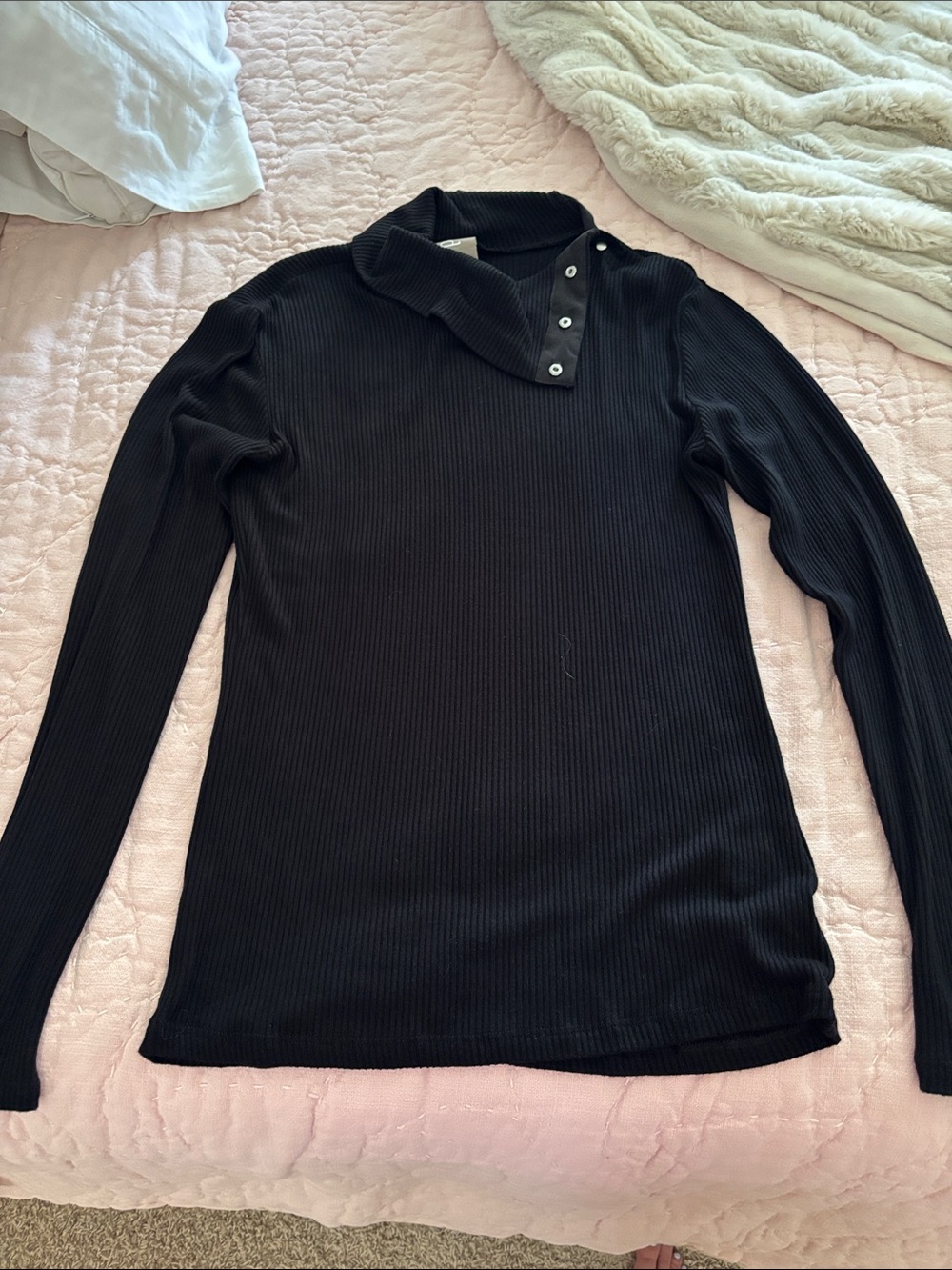 dolan Black Ribbed Long-Sleeve Top with Button Neck